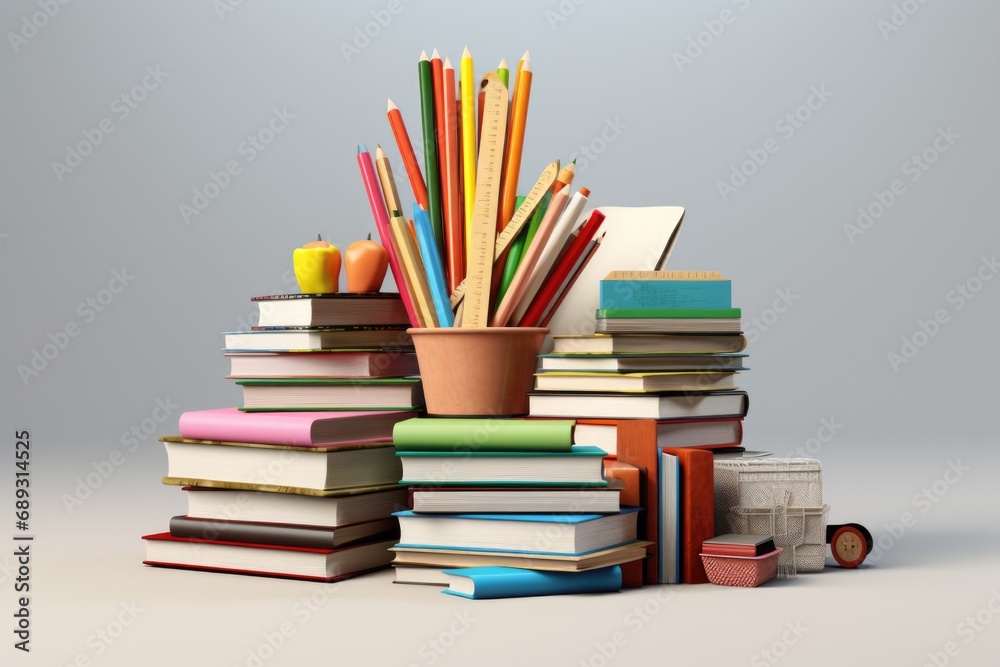 A pile of books and pencils stacked on top of each other. Suitable for educational and creative concepts A pile of books and pencils stacked on top of each other. Suitable for educational and creative concepts