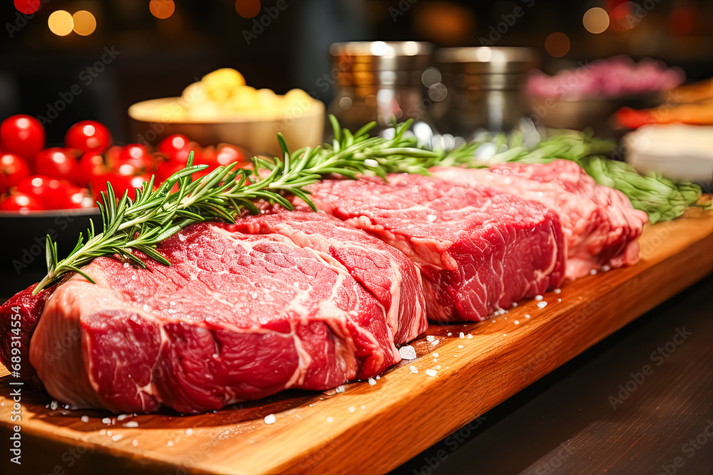 Sizzling perfection, Beef steak on a wooden board a tantalizing stock photo capturing the mouthwatering essence of a perfectly cooked culinary masterpiece.