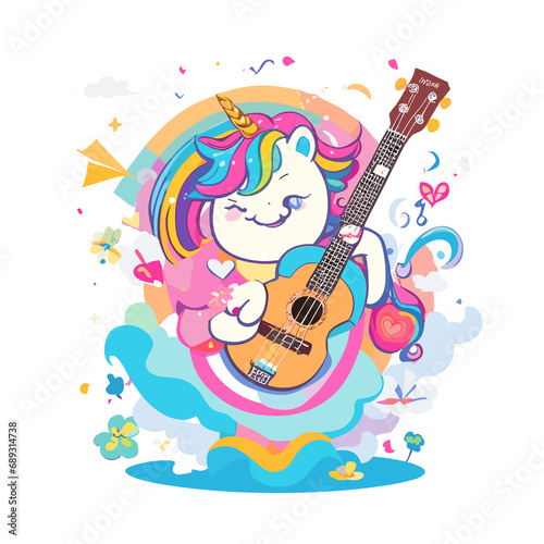 Ukulele Serenade! Embrace the joyful melodies of a unicorn ukulele player in this folk artwork