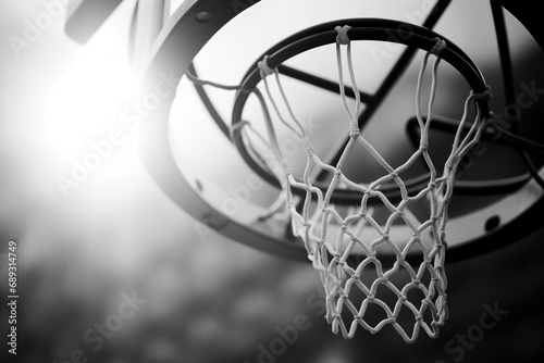 A black and white photo of a basketball net. Suitable for sports-related designs and projects © Fotograf