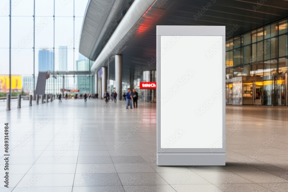 A blank billboard stands in an airport terminal, ready to display advertisements or information. Perfect for promoting products or services to a large audience A blank billboard stands in an airport terminal, ready to display advertisements or information. Perfect for promoting products or services to a large audience