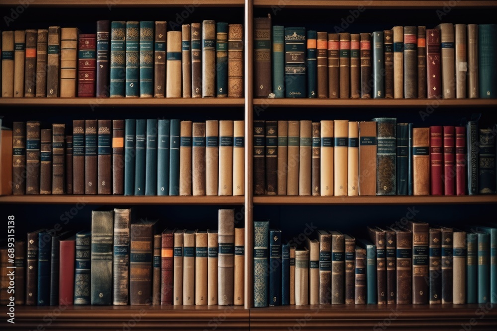 A picture of a bookshelf filled with many old books. This image can be used for various purposes, such as illustrating a library A picture of a bookshelf filled with many old books. This image can be used for various purposes, such as illustrating a library