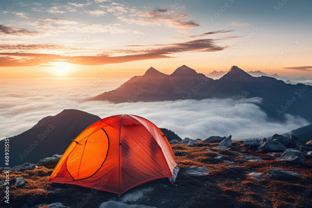 A tent pitched up on top of a mountain. Perfect for adventurous camping trips