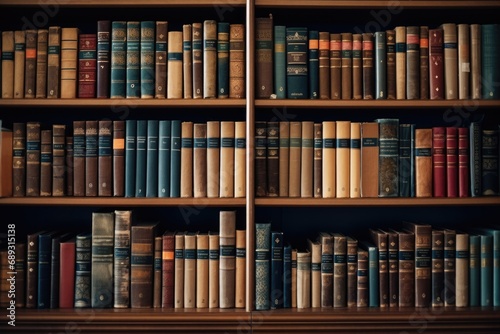 A picture of a bookshelf filled with many old books. This image can be used for various purposes, such as illustrating a library