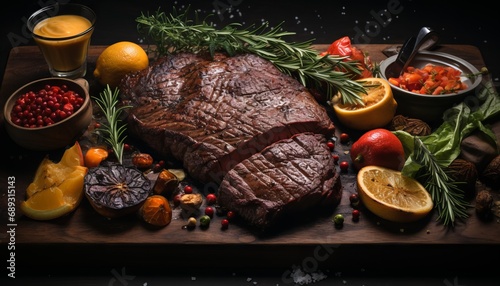 A large piece of pork roasted in the oven, a festive serving of food, sliced ​​steak. Protein-rich food, traditionally a festive dish for a feast	