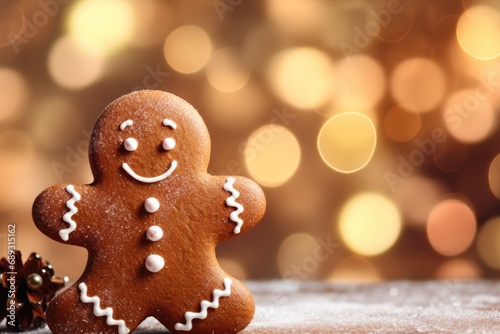 A detailed view of a gingerbread cookie placed on a table. Can be used for holiday baking or festive dessert themes