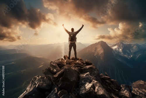 A man standing on top of a mountain with his arms raised in celebration. This image can be used to represent success, achievement, and freedom