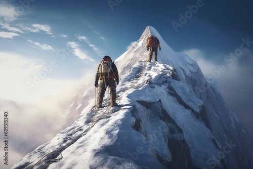 Two climbers standing on top of a snowy mountain summit. Perfect for adventure and outdoor exploration themes © Fotograf