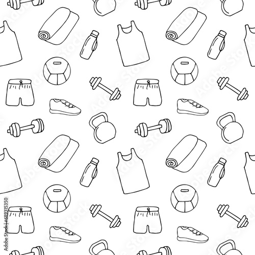 Home fitness seamless pattern, vector illustration hand drawing doodles