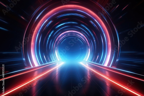 A dark tunnel illuminated by red and blue lights. Perfect for depicting mystery and suspense in various projects