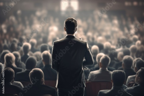 A man in a suit standing confidently in front of a large crowd. Suitable for business, leadership, and public speaking concepts