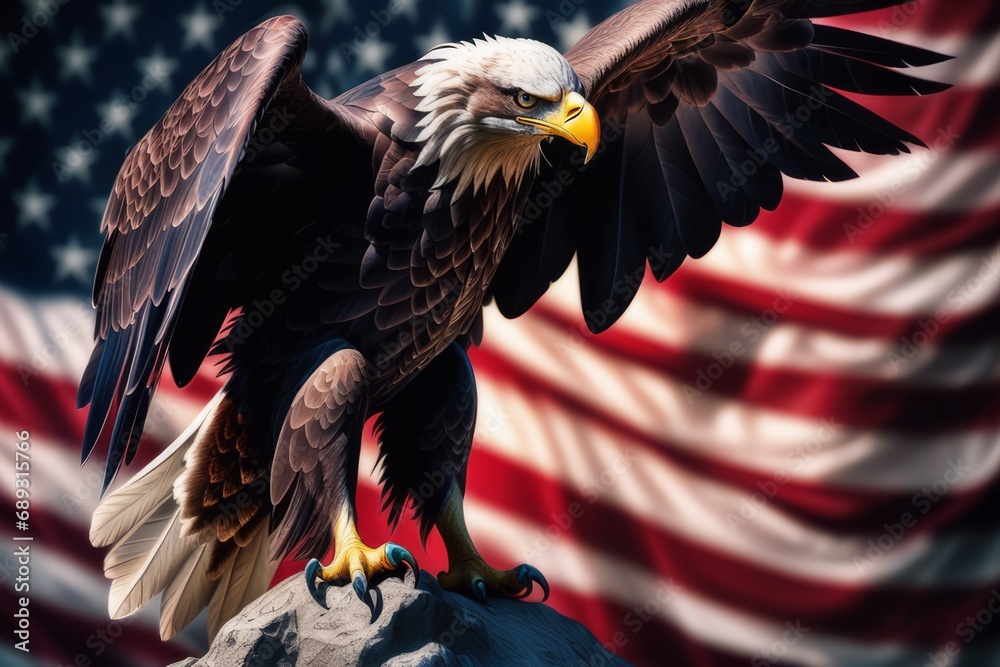 Naklejka premium american bald eagle with flag usa created with generative AI software
