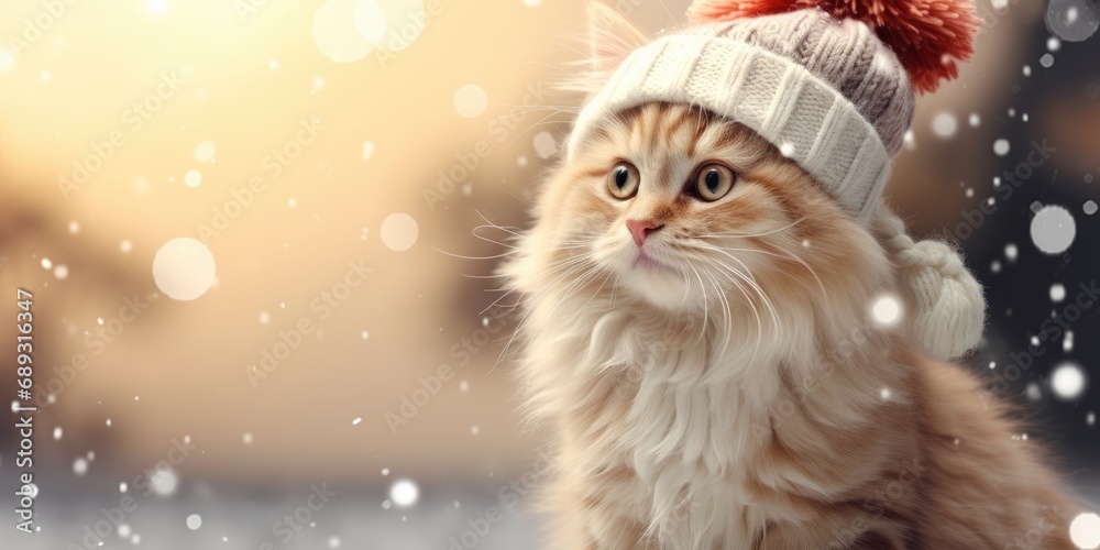 Cute Happy Beautiful Christmas Winter Cat Background - Animal Christmas Wallpaper with Empty Copy Space - Snowy Bokeh Snowflake Cat Backdrop created with Generative AI Technology