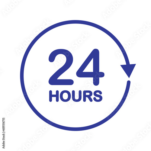 Twenty four hour with arrow loop icon, 24 hours cyclic sign, Opened order execution or delivery, All day business and service, Vector design illustration