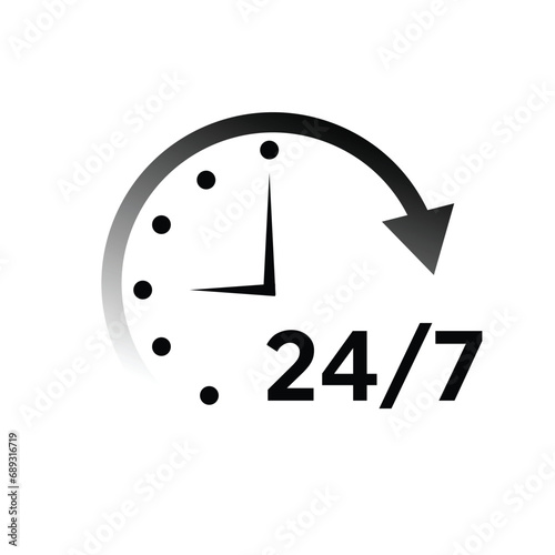 Twenty four hour with arrow loop icon, 24 hours cyclic sign, Opened order execution or delivery, All day business and service, Vector design illustration