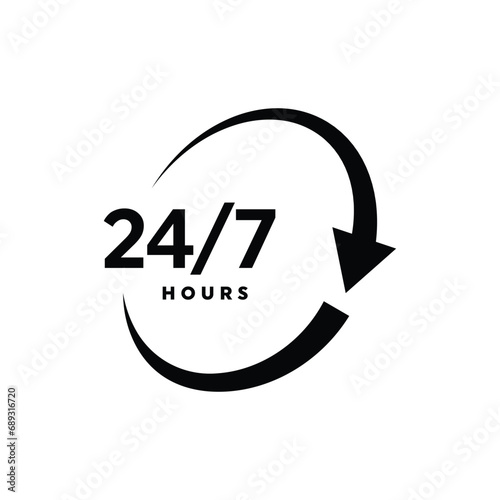 Twenty four hour with arrow loop icon, 24 hours cyclic sign, Opened order execution or delivery, All day business and service, Vector design illustration