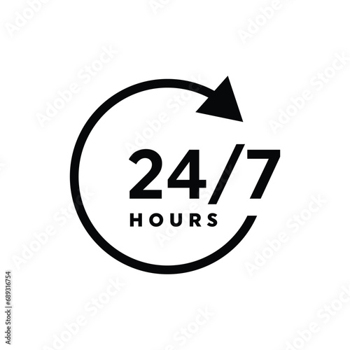 Twenty four hour with arrow loop icon, 24 hours cyclic sign, Opened order execution or delivery, All day business and service, Vector design illustration