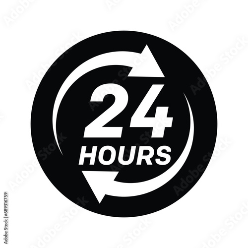 Twenty four hour with arrow loop icon, 24 hours cyclic sign, Opened order execution or delivery, All day business and service, Vector design illustration