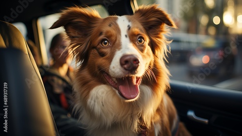 Portrait of a dog sitting in a car by the window, an animal in personal transport, moving around the city with a puppy. © PRO Neuro architect
