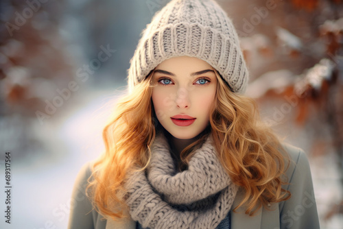 Beautiful woman in a knitted hat and scarf against a snowy landscape background.