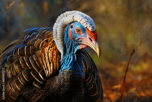 Close up portrait of a turkey in a cage.