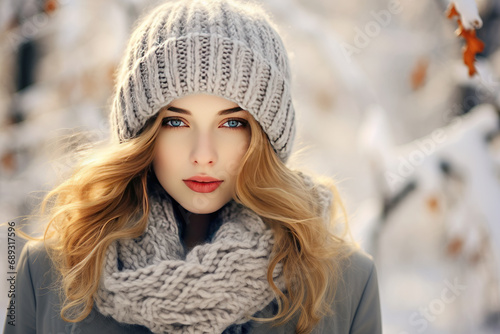 Beautiful woman in a knitted hat and scarf against a snowy landscape background.