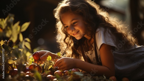 A beautiful smiling teenager collects apples from a tree, a girl with long hair collects the harvest on a farm. photo
