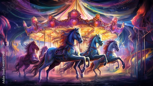 Vibrant carousel horses in a fantastical, animated carnival illustration