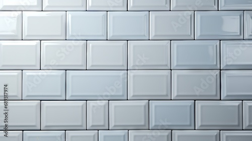 background of a light wall made of rectangular white subway tiles with a glossy finish. Banner with copy space