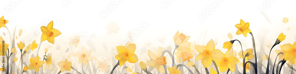ink and water sketch of daffodil flowers background banner - obrazy, fototapety, plakaty 