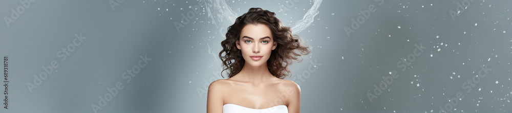 Naklejka premium Elegante Kosmetikpräsentation - Ein ansprechendes Bild eines Kosmetikmodels vor einem femininen Hintergrund mit viel Platz für weitere kreative Gestaltungsmöglichkeiten