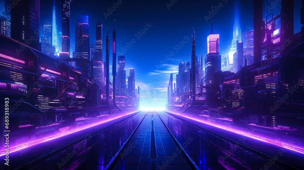 Futuristic city at night with neon lights