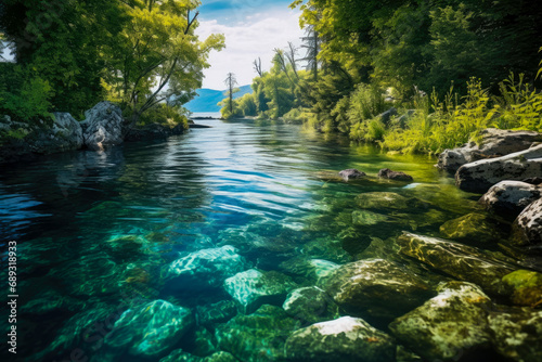 Beautiful turquoise water of the mountain river in the forest