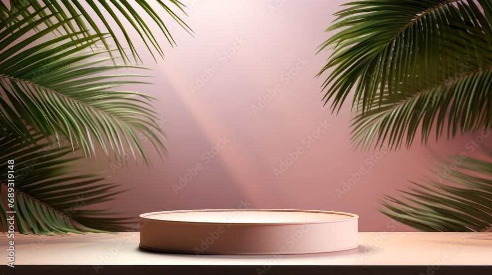 podium for product presentation with palm leaves on the background podium for product presentation with palm leaves on the background