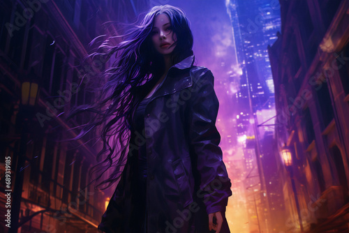 Neon Nocturne: The Enigmatic Wanderer of the Cyberpunk Cityscape. Generative AI