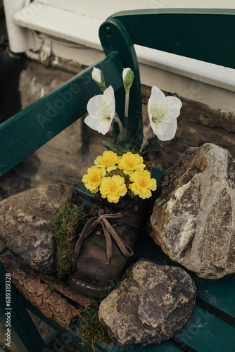 yellow flowers on a stone