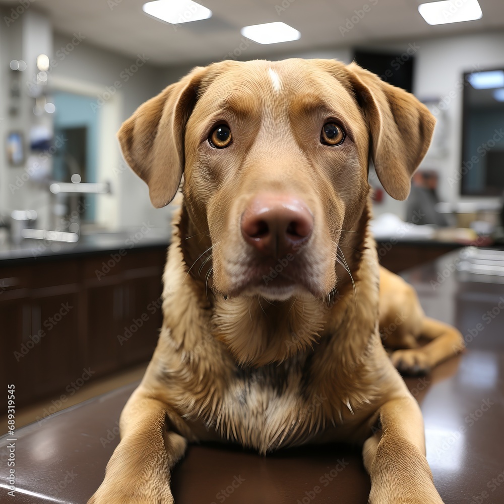 Portrait of a dog in a veterinary clinic, a cute animal sits in the corridor. Concept: An animal is being examined by a doctor. Portrait of a dog in a veterinary clinic, a cute animal sits in the corridor. Concept: An animal is being examined by a doctor.