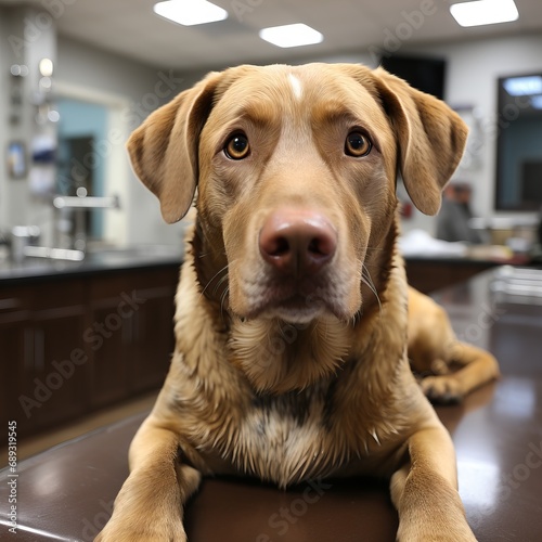 Portrait of a dog in a veterinary clinic, a cute animal sits in the corridor. Concept: An animal is being examined by a doctor.