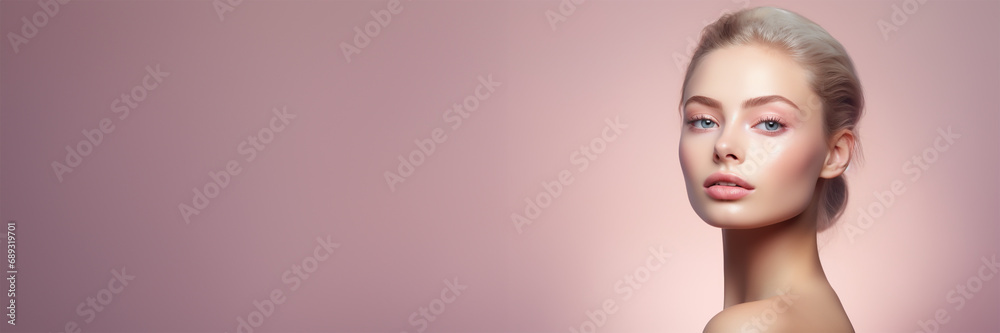 Elegante Kosmetikpräsentation - Ein ansprechendes Bild eines Kosmetikmodels vor einem femininen Hintergrund mit viel Platz für weitere kreative Gestaltungsmöglichkeiten Elegante Kosmetikpräsentation - Ein ansprechendes Bild eines Kosmetikmodels vor einem femininen Hintergrund mit viel Platz für weitere kreative Gestaltungsmöglichkeiten