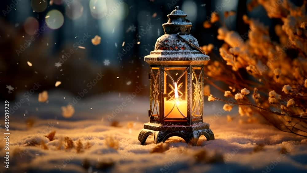 Classic lantern with candle in winter scenery. Animated flame and snow. One minute loop animation. 2k Classic lantern with candle in winter scenery. Animated flame and snow. One minute loop animation. 2k
