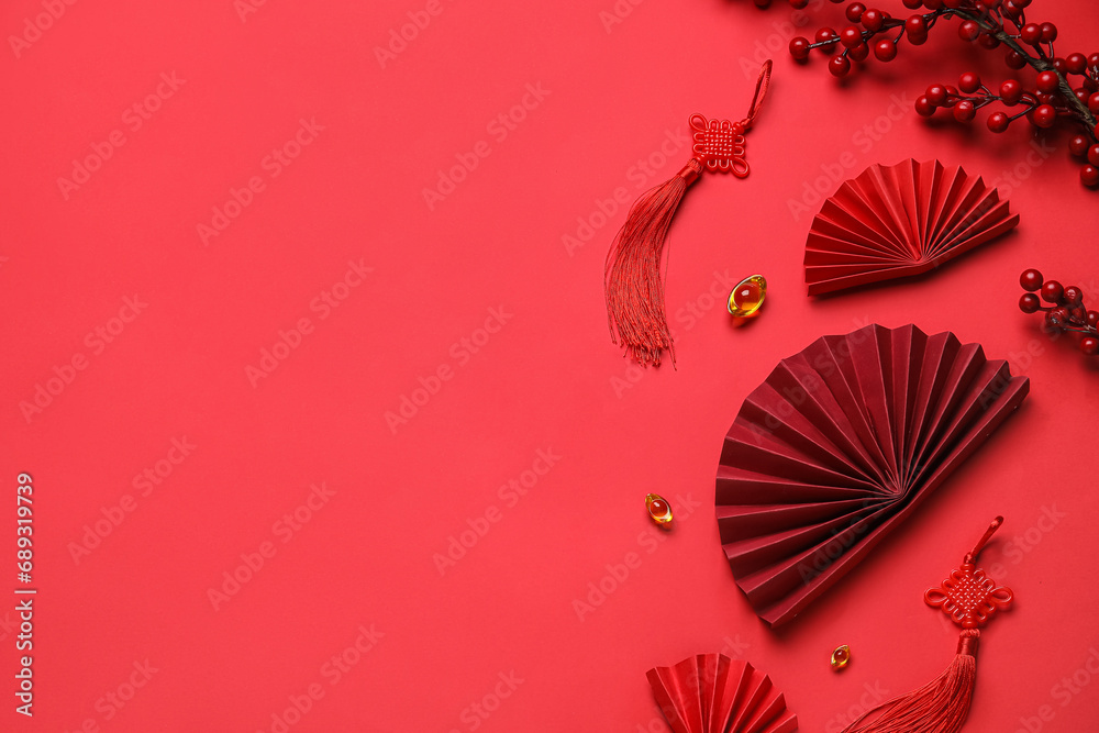 Composition with different Chinese symbols on color background. New Year celebration