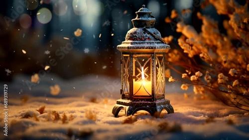 Classic lantern with candle in winter scenery. Animated flame and snow. One minute loop animation. 2k photo