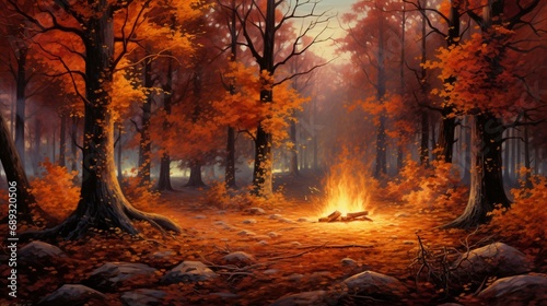Wildfire of autumn leaves creating a vibrant spectacle in a wooded glade