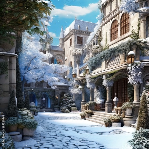 gaming world with snow and christmas decorations