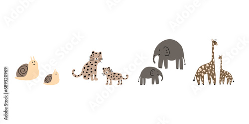 Snail, Elephant, leopard, giraffe animals. Brightly colored childish print. Cute animal for Mother's Day. Colorful kids vector illustration