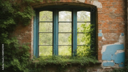 Antique window. thickets and moss