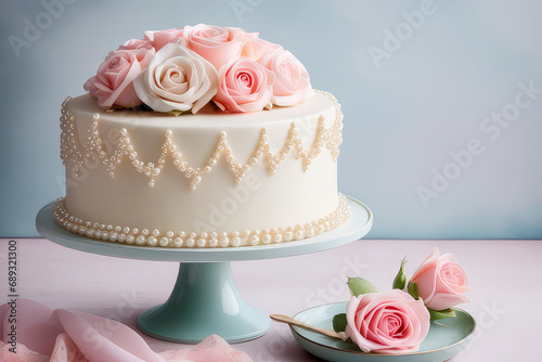 St. Valentine`s Day cake decorated with buttercream roses and candy pearls on light blue background. Romantic present. Sweet Valentine, Happy Birthday, bakery, confectionery concept.Generative AI 