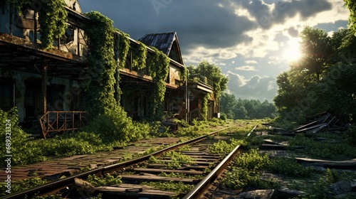 An old, abandoned train station platform, overgrown with wild ivy. The rusted tracks disappear into the distance under a sky tinged with nostalgia.
