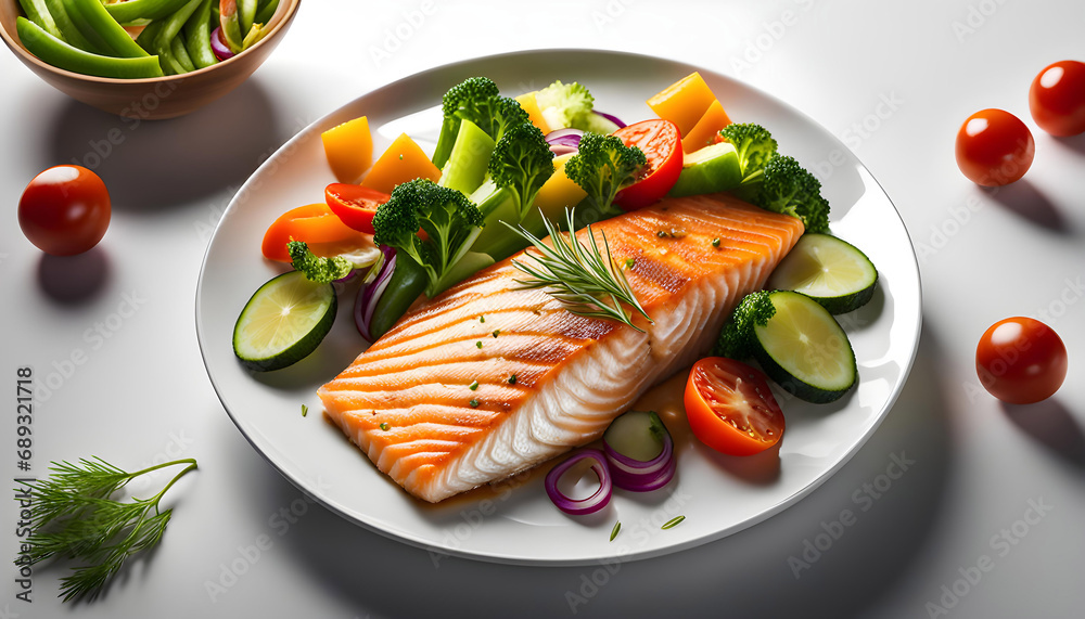 Fish dish - fish fillet and vegetables, tuna fillet and vegetables isolated on white background, Fish dish - fish fillet and vegetables, tuna fillet and vegetables isolated on white background,