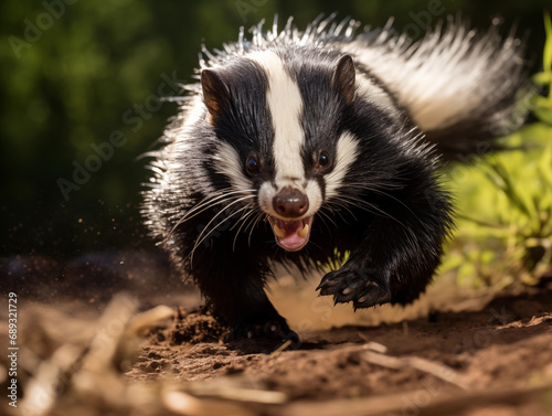 Angry Skunk Charging with Determination, Teeth Bared, Captured in Dynamic Motion with Shallow Depth of Field © Tigarto